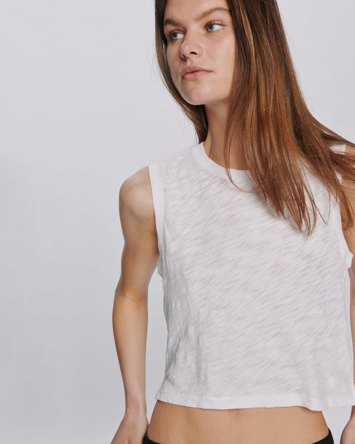 Slub Jersey Cropped Sleeveless Schoolboy Tee - White