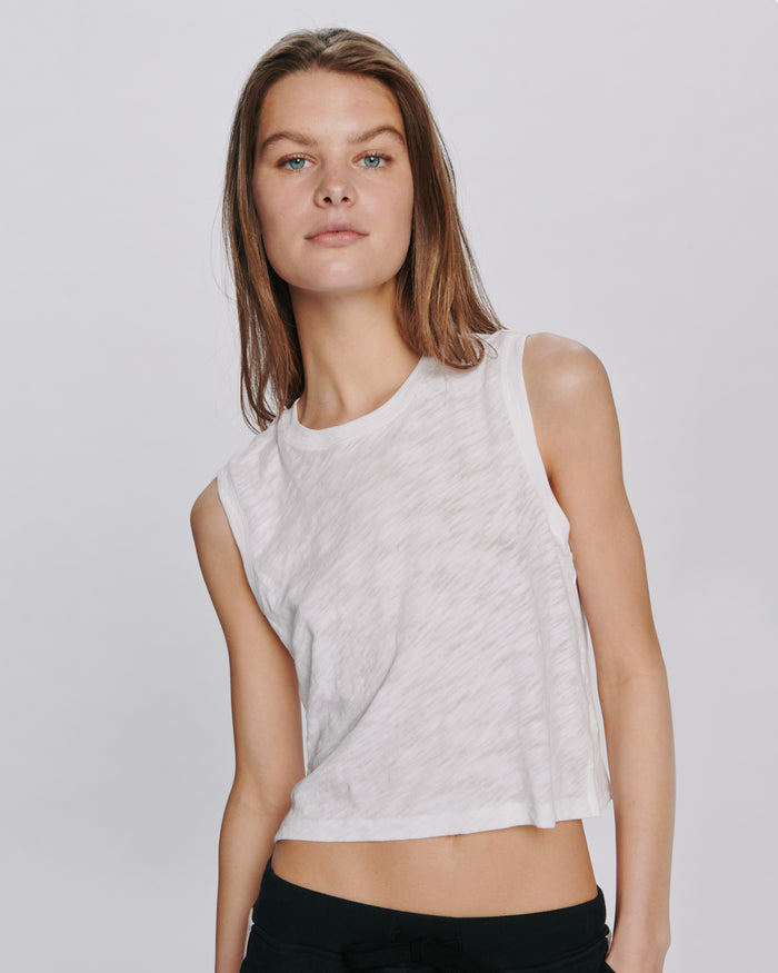 Slub Jersey Cropped Sleeveless Schoolboy Tee - White