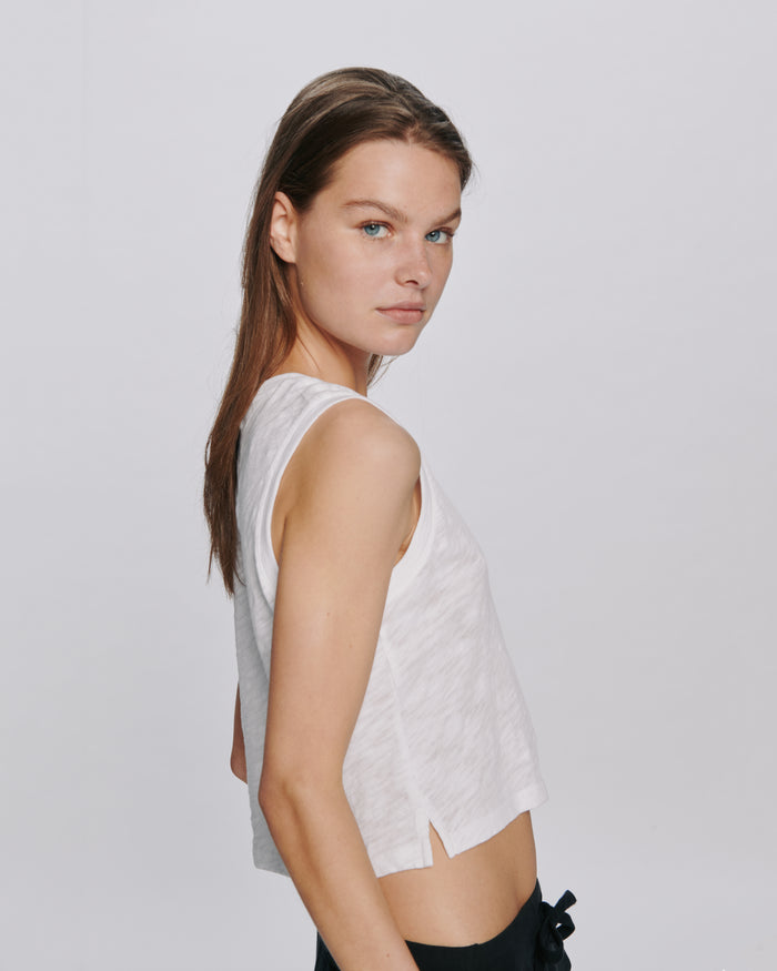 Slub Jersey Cropped Sleeveless Schoolboy Tee - White