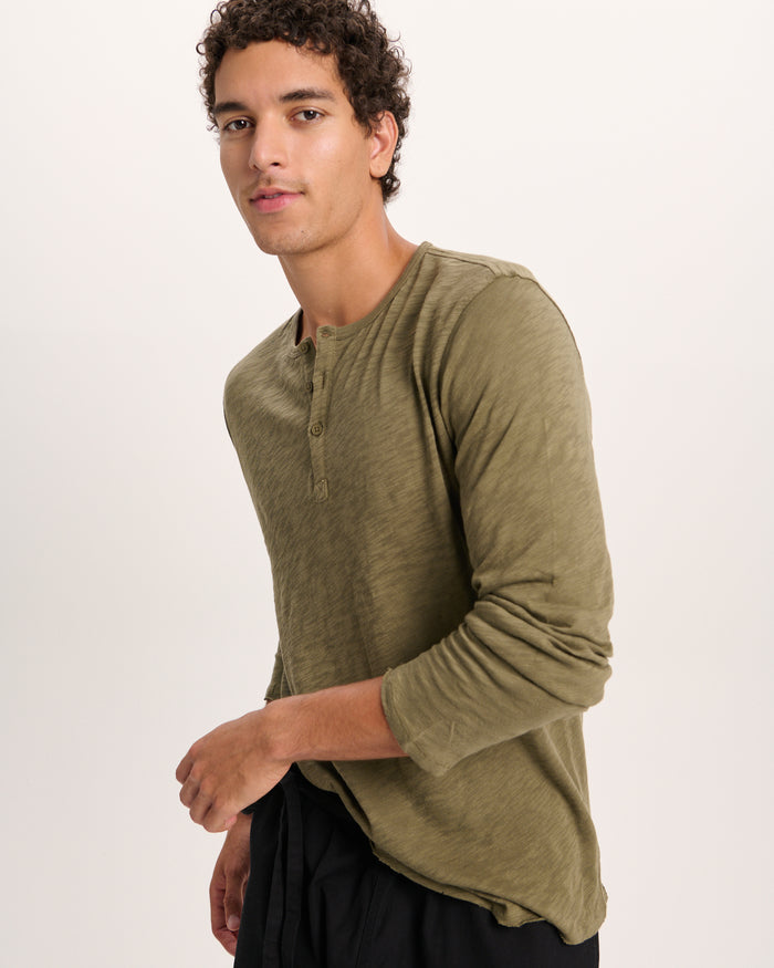 Slub Jersey Destroyed Wash Henley - Army