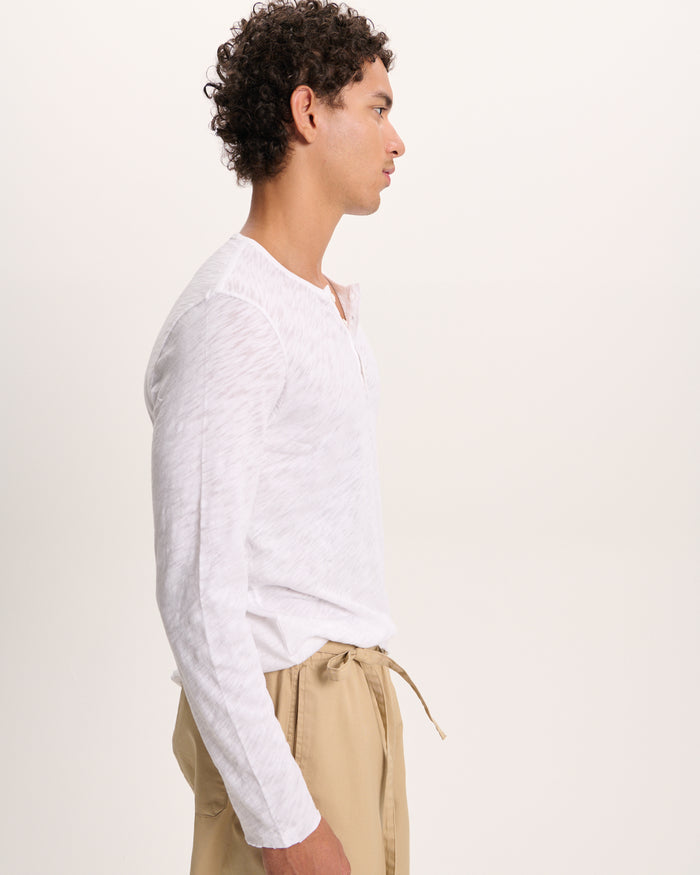 Slub Jersey Destroyed Wash Henley - White