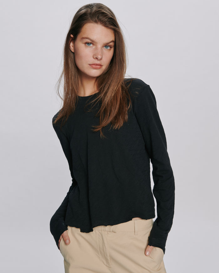 Slub Jersey Long Sleeve Destroyed Wash Crop Tee - Black
