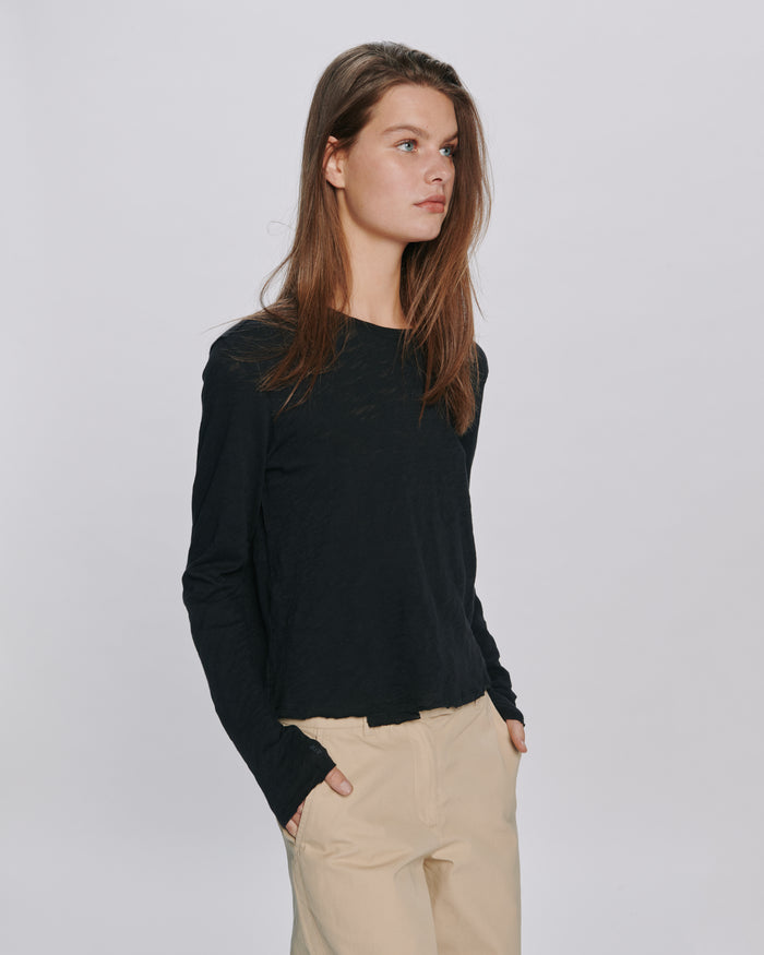 Slub Jersey Long Sleeve Destroyed Wash Crop Tee - Black