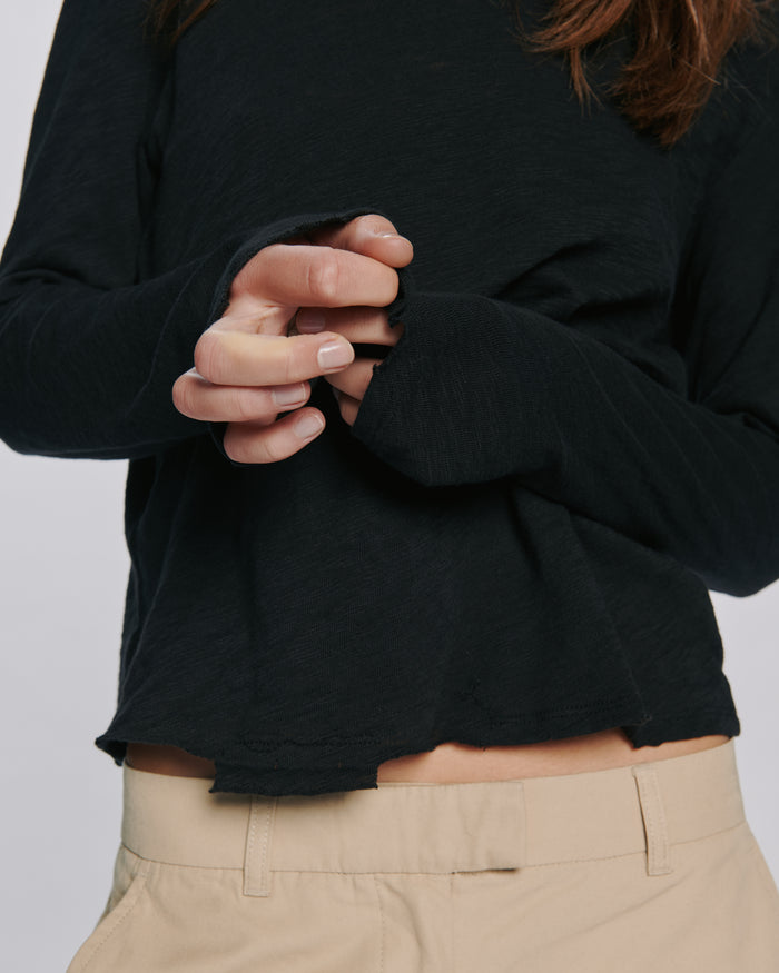Slub Jersey Long Sleeve Destroyed Wash Crop Tee - Black
