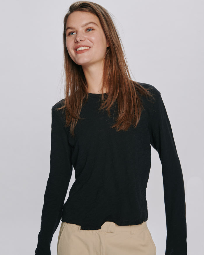 Slub Jersey Long Sleeve Destroyed Wash Crop Tee - Black