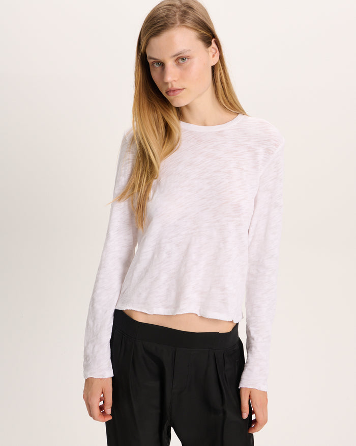 Slub Jersey Long Sleeve Destroyed Wash Crop Tee - White
