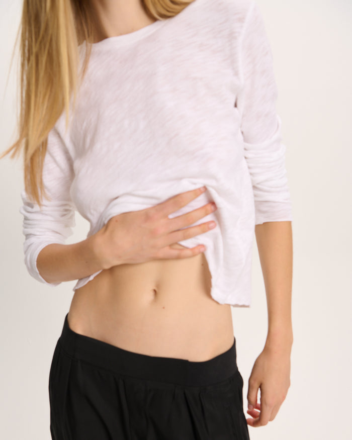Slub Jersey Long Sleeve Destroyed Wash Crop Tee - White