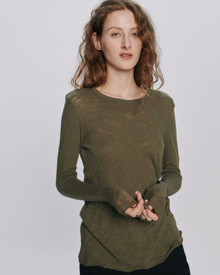 Slub Jersey Long Sleeve Destroyed Wash Tee - Army