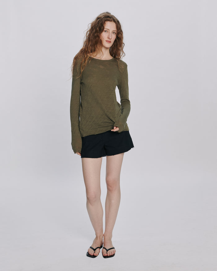 Slub Jersey Long Sleeve Destroyed Wash Tee - Army