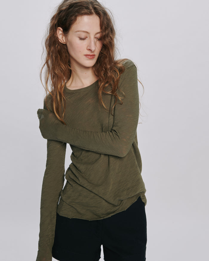 Slub Jersey Long Sleeve Destroyed Wash Tee - Army