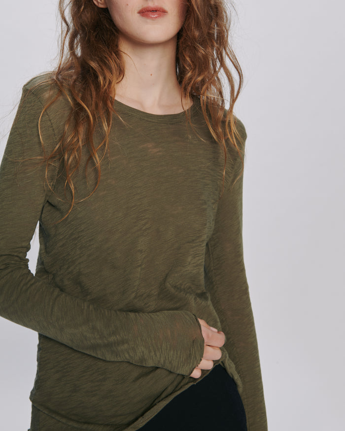Slub Jersey Long Sleeve Destroyed Wash Tee - Army