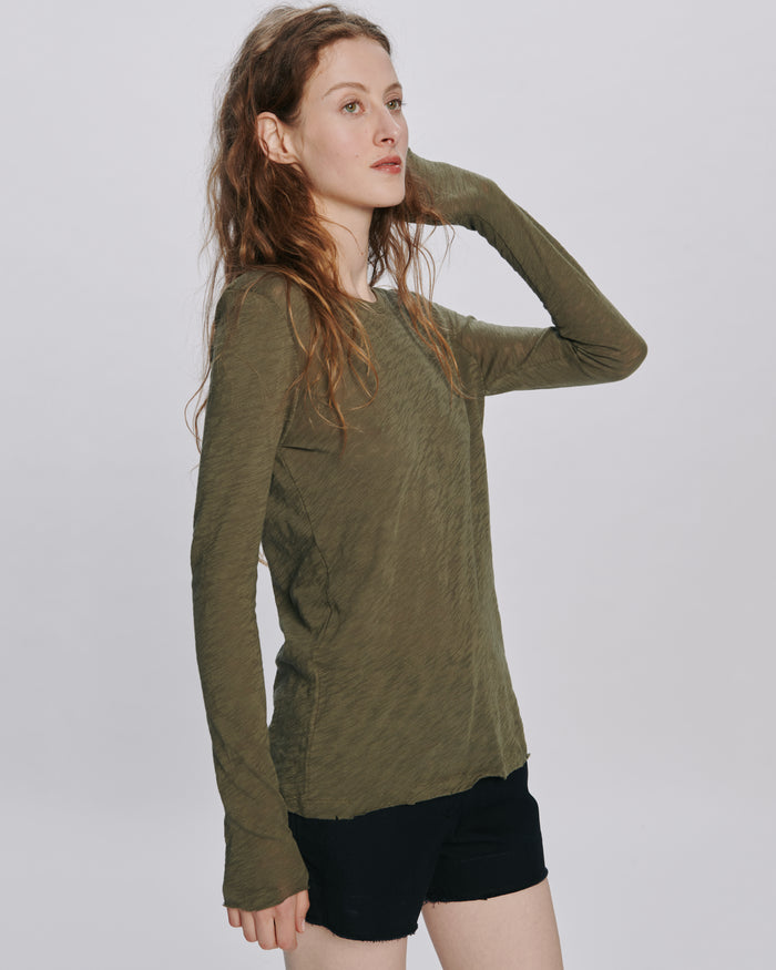 Slub Jersey Long Sleeve Destroyed Wash Tee - Army