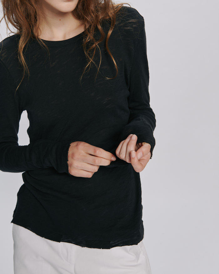 Slub Jersey Long Sleeve Destroyed Wash Tee - Black