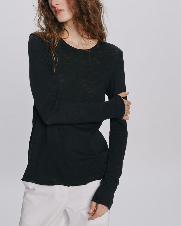 Slub Jersey Long Sleeve Destroyed Wash Tee - Black