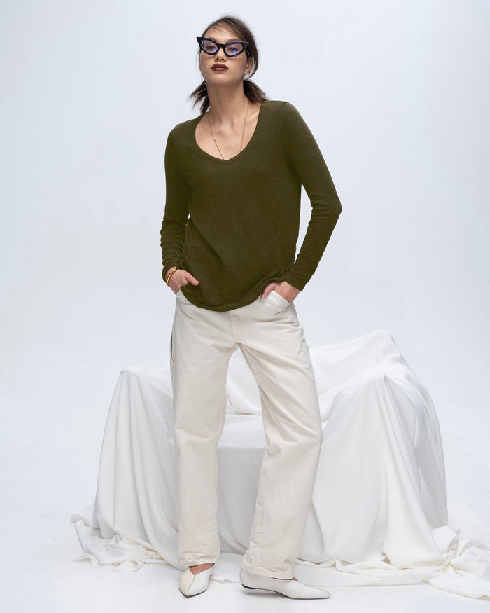 Slub Jersey Long Sleeve V-Neck Tee - Army