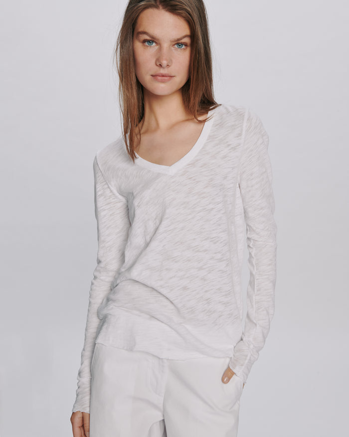 Slub Jersey Long Sleeve V-Neck Tee - White