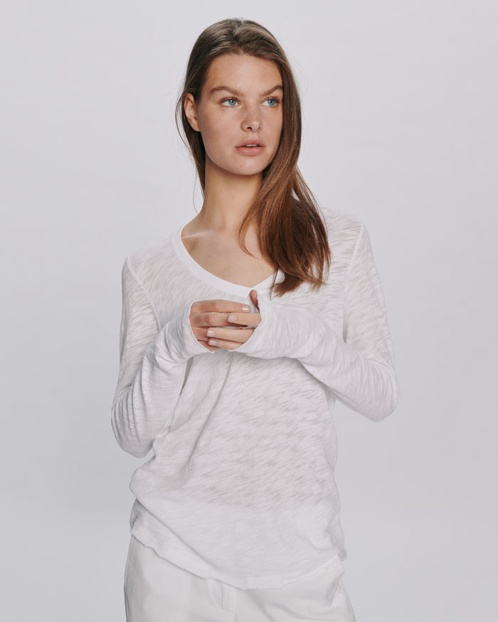 Slub Jersey Long Sleeve V-Neck Tee - White