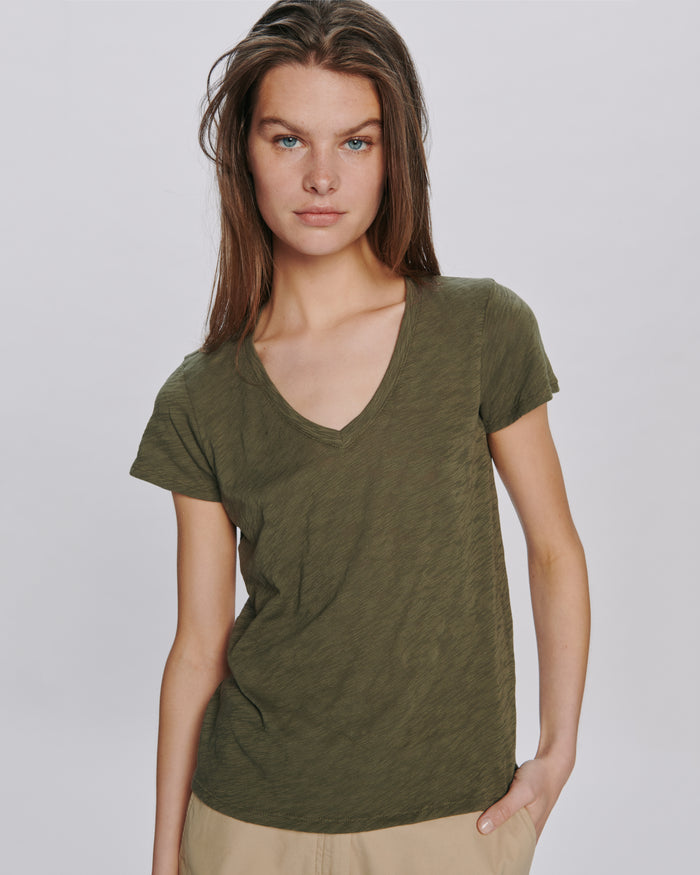 Slub Jersey Schoolboy V-Neck Tee - Army