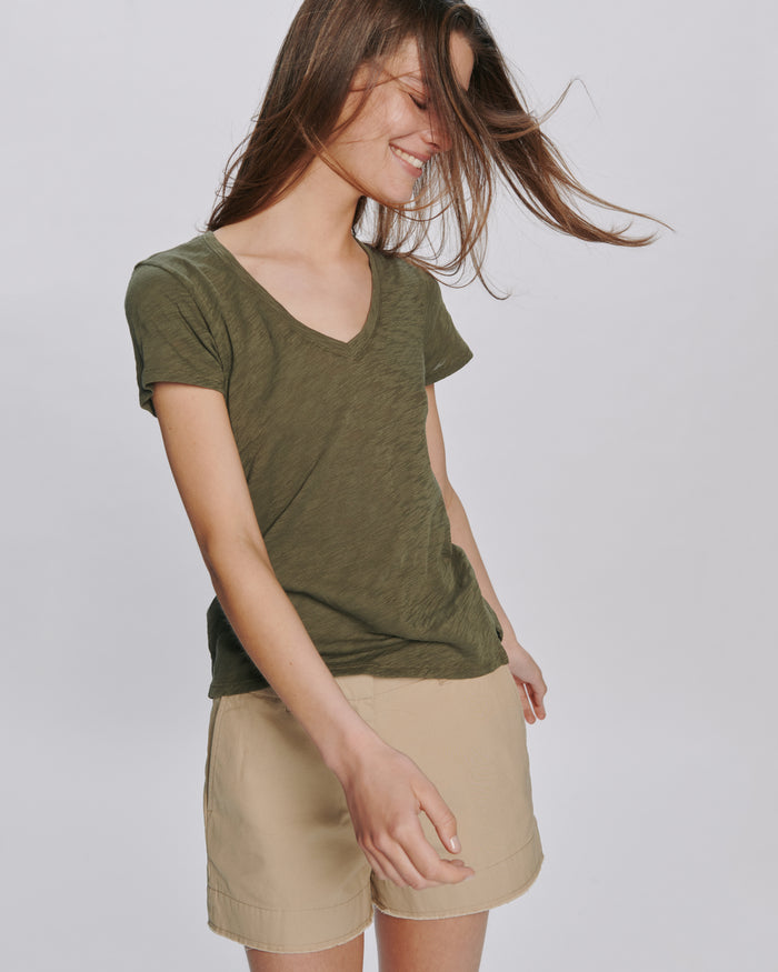 Slub Jersey Schoolboy V-Neck Tee - Army