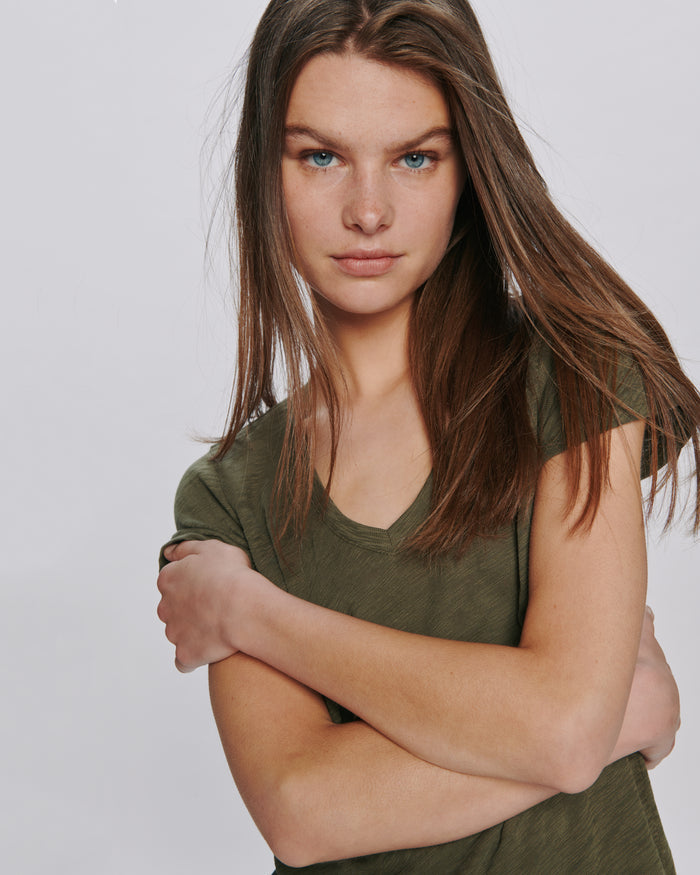 Slub Jersey Schoolboy V-Neck Tee - Army