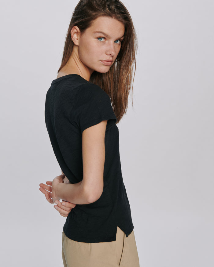 Slub Jersey Schoolboy V-Neck Tee - Black