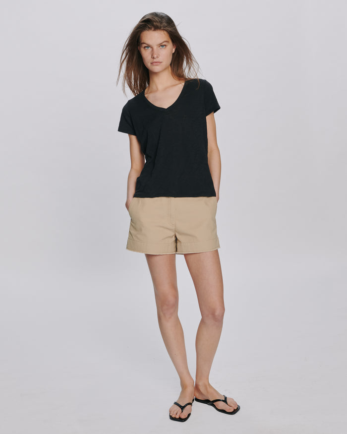 Slub Jersey Schoolboy V-Neck Tee - Black
