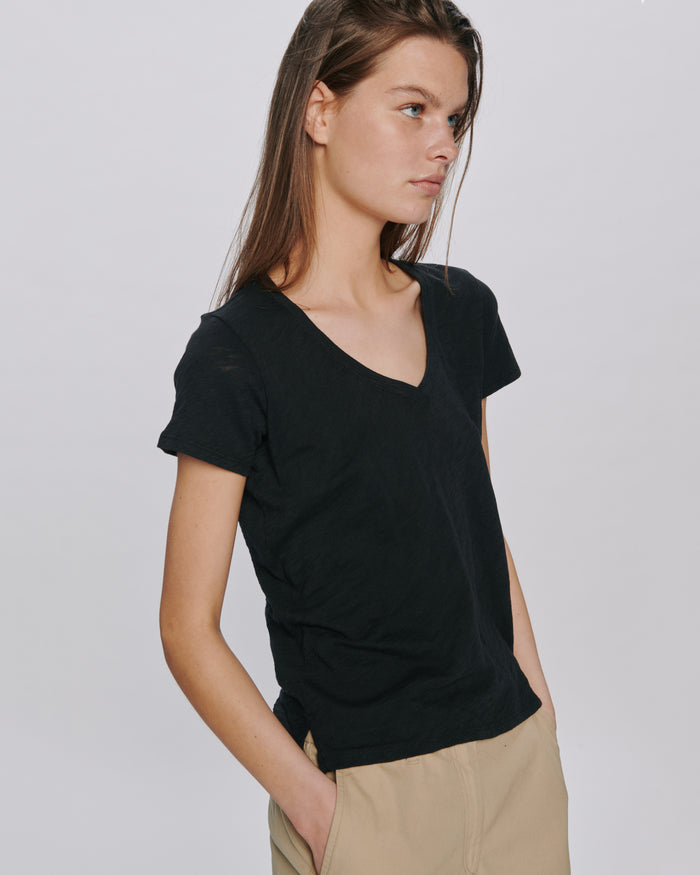Slub Jersey Schoolboy V-Neck Tee - Black