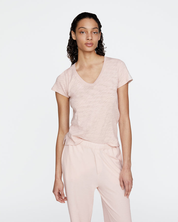 Slub Jersey Schoolboy V-Neck Tee - Faded Rose