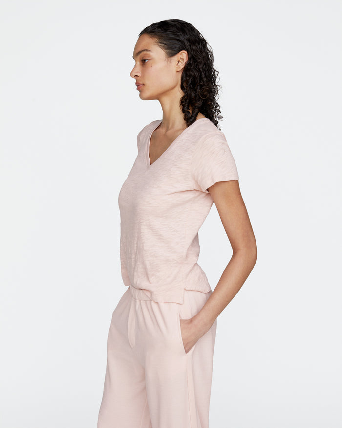 Slub Jersey Schoolboy V-Neck Tee - Faded Rose