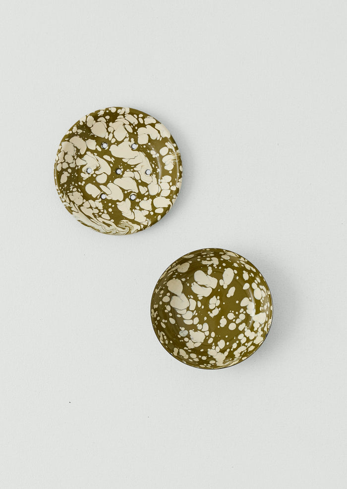 Splatter Enamel Soap Dish | Olive/Ecru
