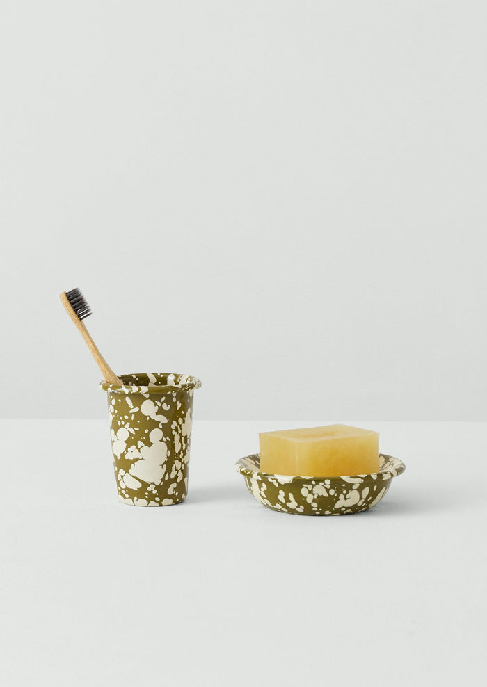 Splatter Enamel Soap Dish | Olive/Ecru