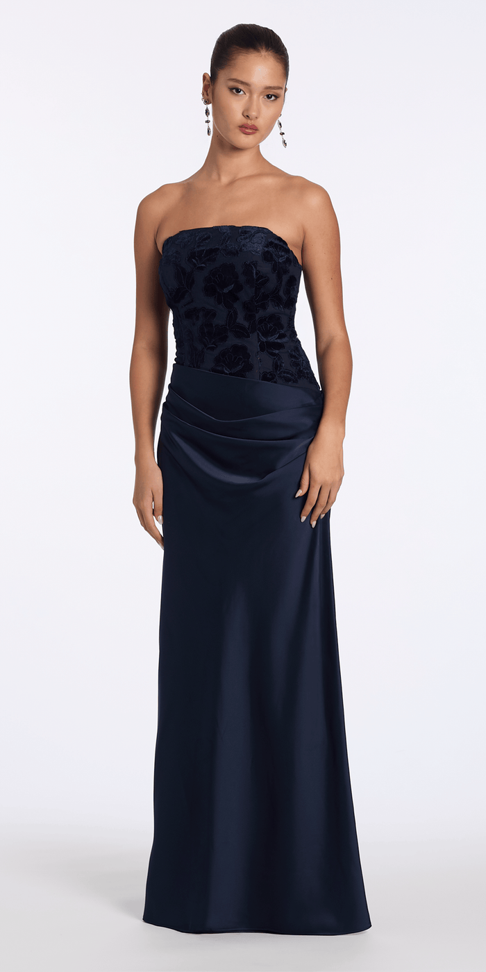 Camille La Vie Square Neck Velvet Illusion Corset Satin Column Dress
