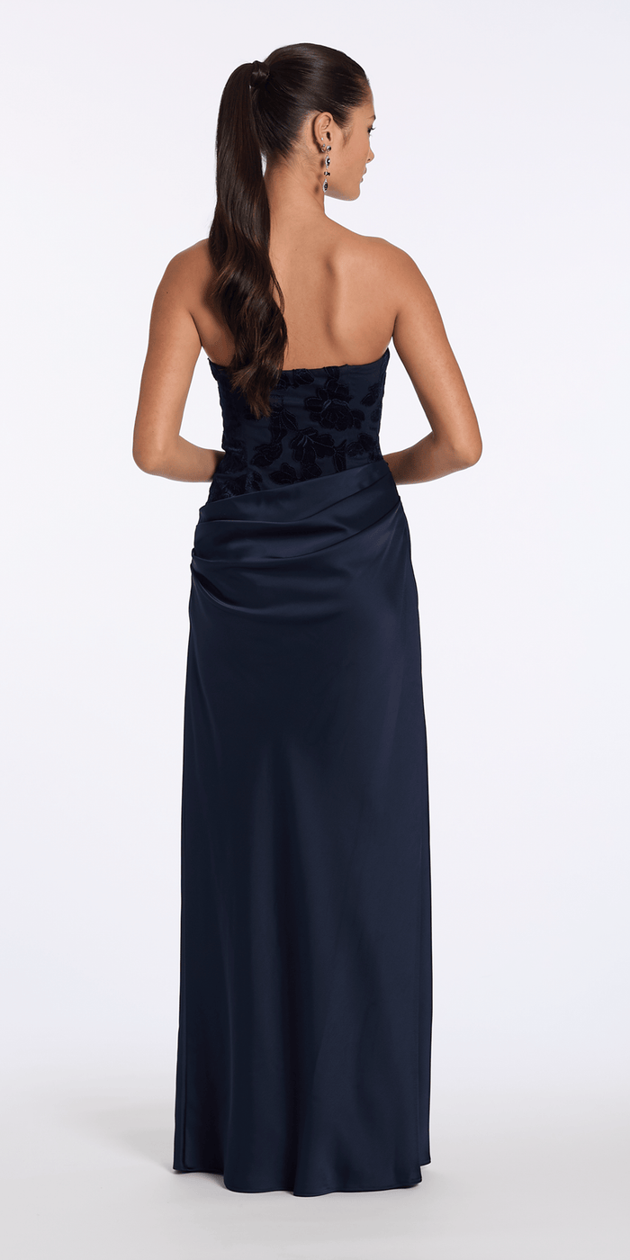 Camille La Vie Square Neck Velvet Illusion Corset Satin Column Dress