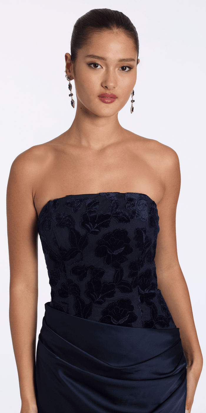 Camille La Vie Square Neck Velvet Illusion Corset Satin Column Dress
