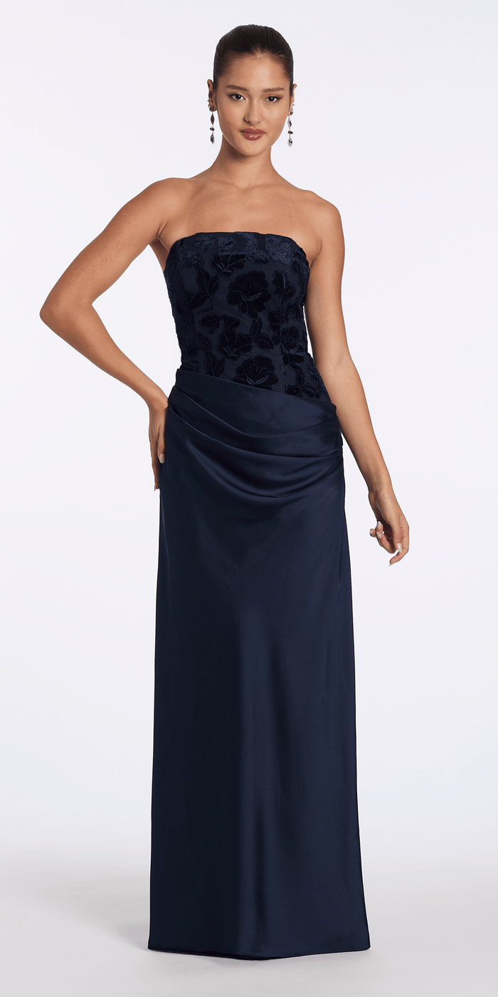 Camille La Vie Square Neck Velvet Illusion Corset Satin Column Dress