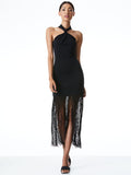 STEPH HALTER NECK FRINGE DRESS - BLACK
