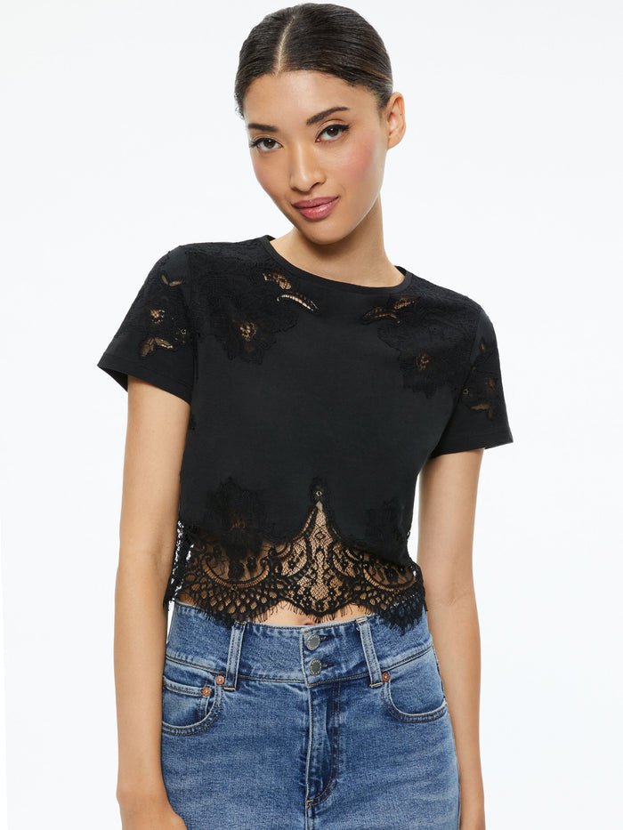STEPHEN LACE DETAIL CROPPED TEE - BLACK