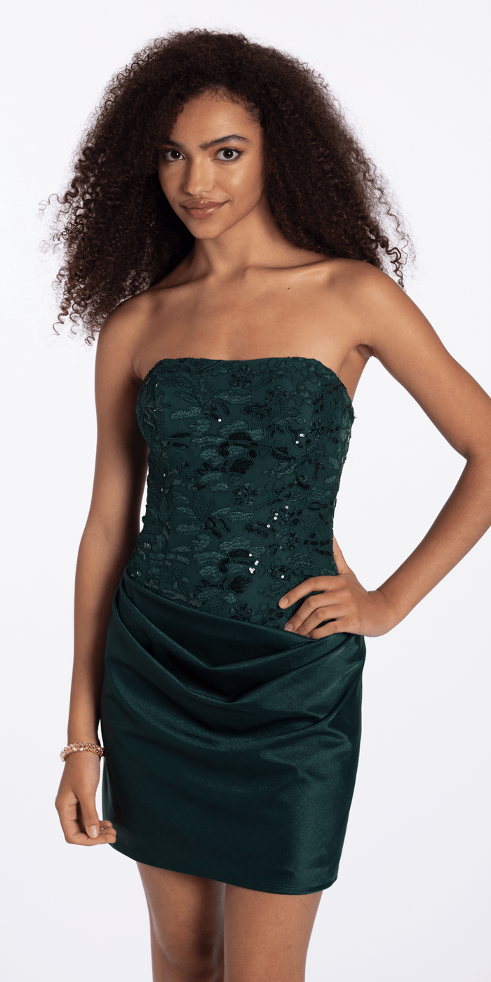 hunter-green/size/S/missy/Camille La Vie/Strapless Embroidered Shimmer Bodycon Dress with Ruching/front