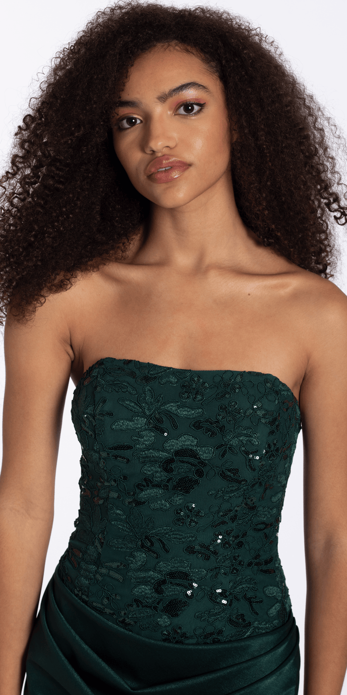 hunter-green/size/S/missy/Camille La Vie/Strapless Embroidered Shimmer Bodycon Dress with Ruching/close up 2