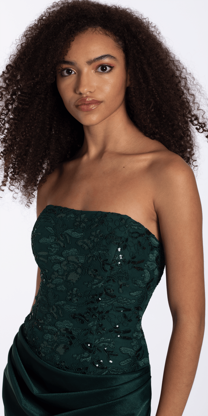 hunter-green/size/S/missy/Camille La Vie/Strapless Embroidered Shimmer Bodycon Dress with Ruching/close up