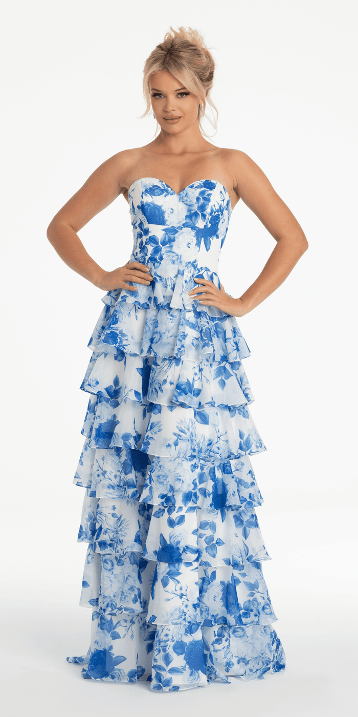 white-blue/size/4/missy/Camille La Vie/Strapless Floral Chiffon Tiered Ballgown with Side Slit/front