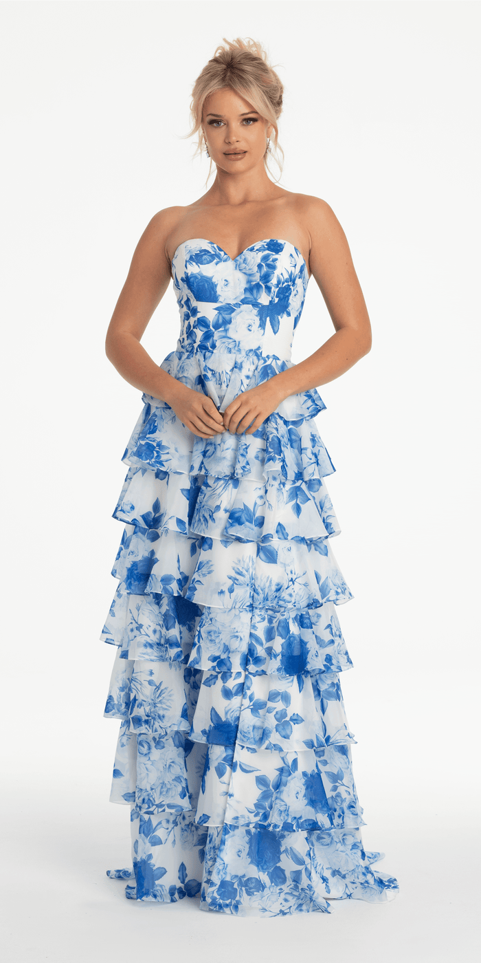 white-blue/size/4/missy/Camille La Vie/Strapless Floral Chiffon Tiered Ballgown with Side Slit/front alt