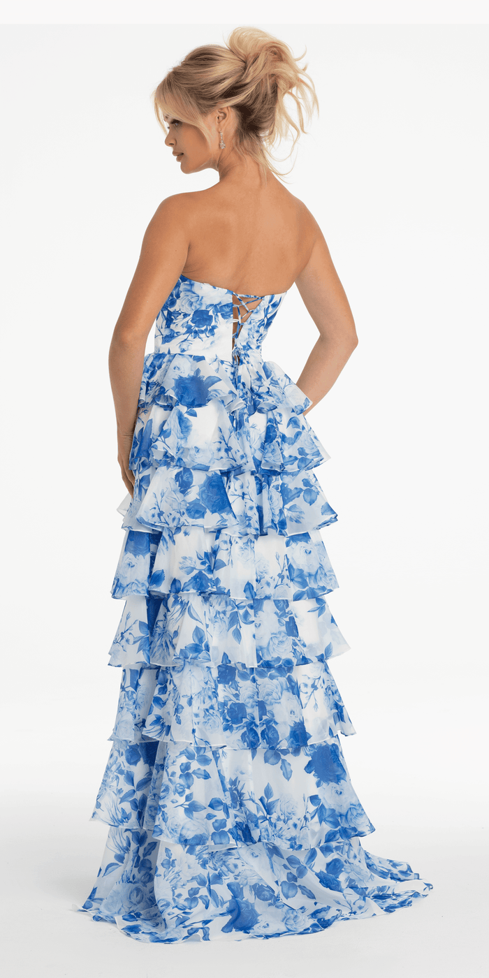 white-blue/size/4/missy/Camille La Vie/Strapless Floral Chiffon Tiered Ballgown with Side Slit/back