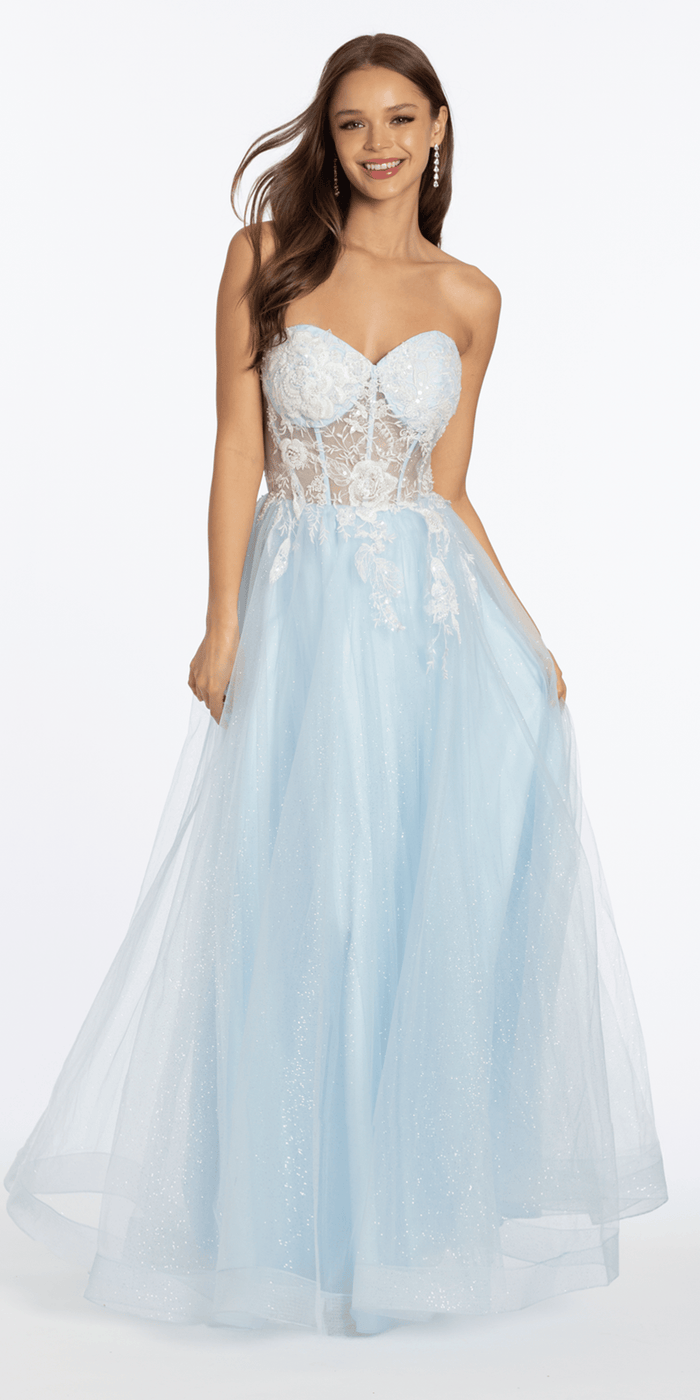 light-blue/size/4/missy/Camille La Vie/Strapless Floral Embellished Corset Glitter Tulle Ballgown/front al 2
