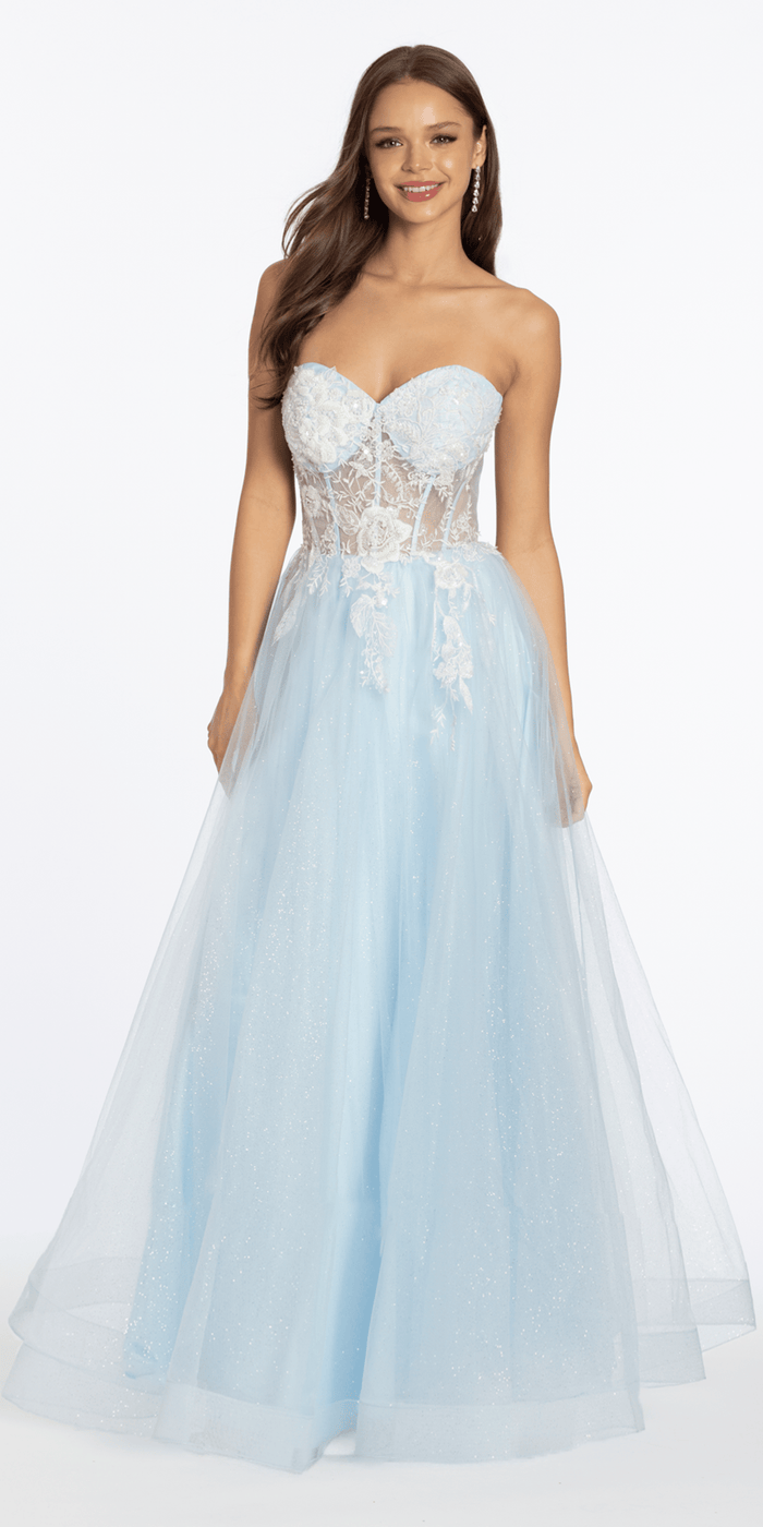 light-blue/size/4/missy/Camille La Vie/Strapless Floral Embellished Corset Glitter Tulle Ballgown/front alt 3