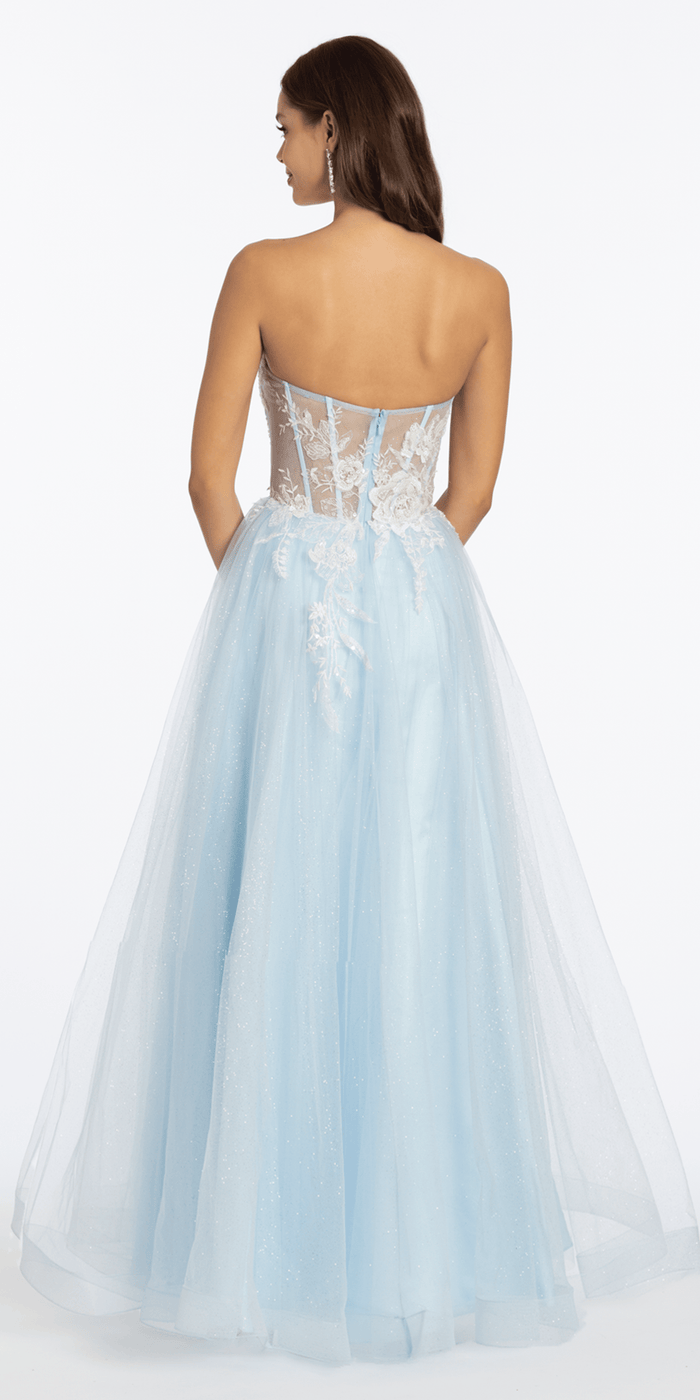 light-blue/size/4/missy/Camille La Vie/Strapless Floral Embellished Corset Glitter Tulle Ballgown/back