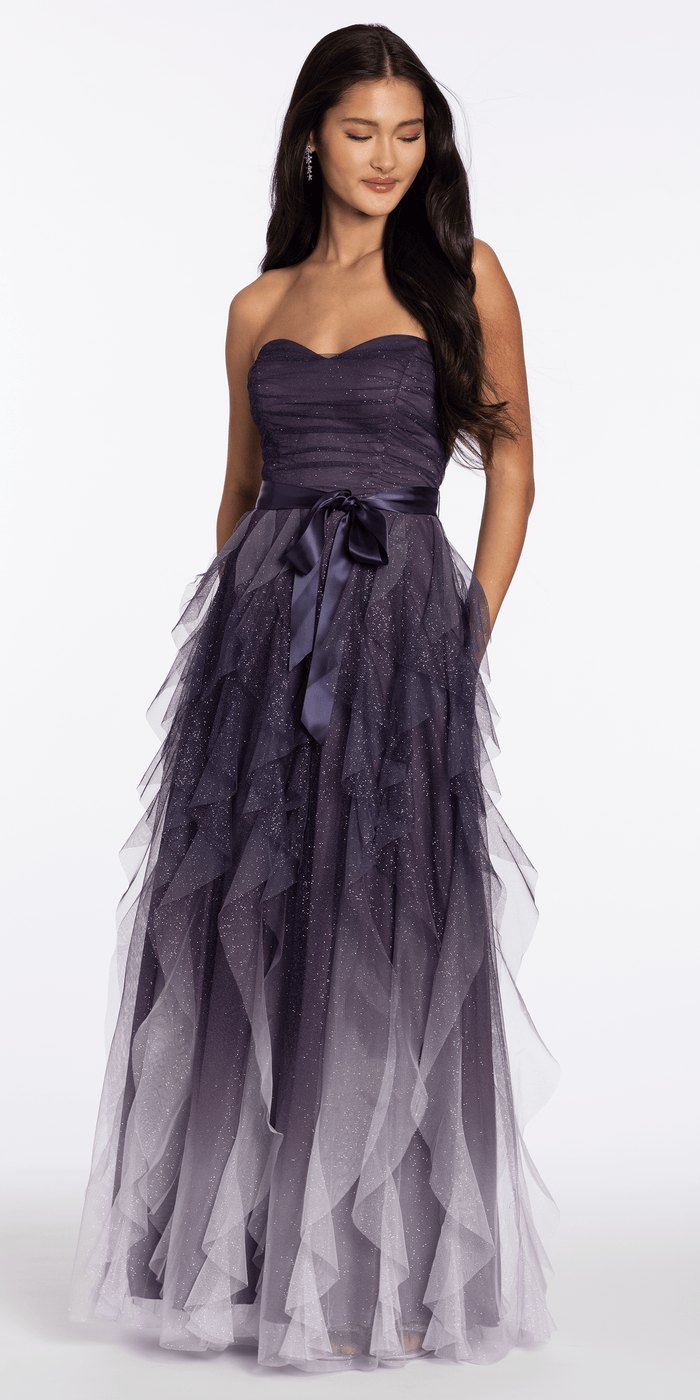 Strapless Glitter Mesh Ombre Tendril Dress with Satin Tie - Camille La Vie