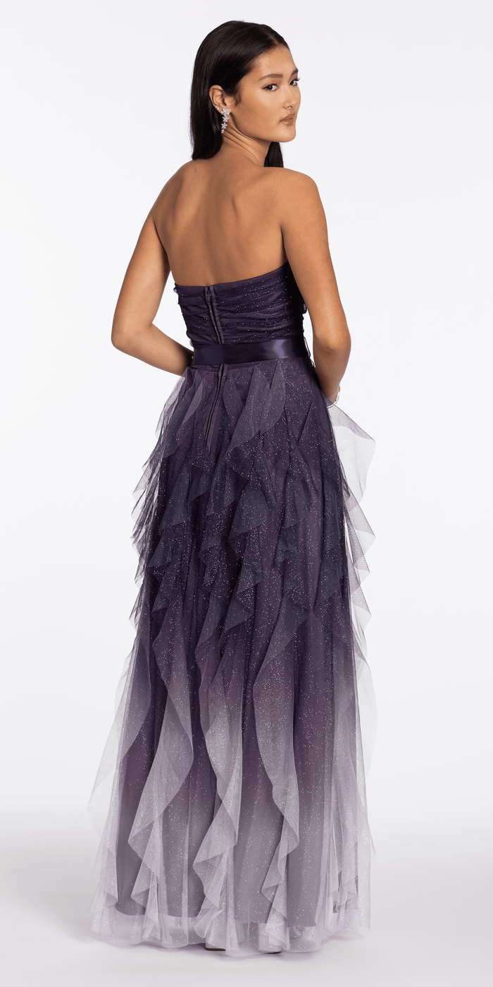 Strapless Glitter Mesh Ombre Tendril Dress with Satin Tie - Camille La Vie