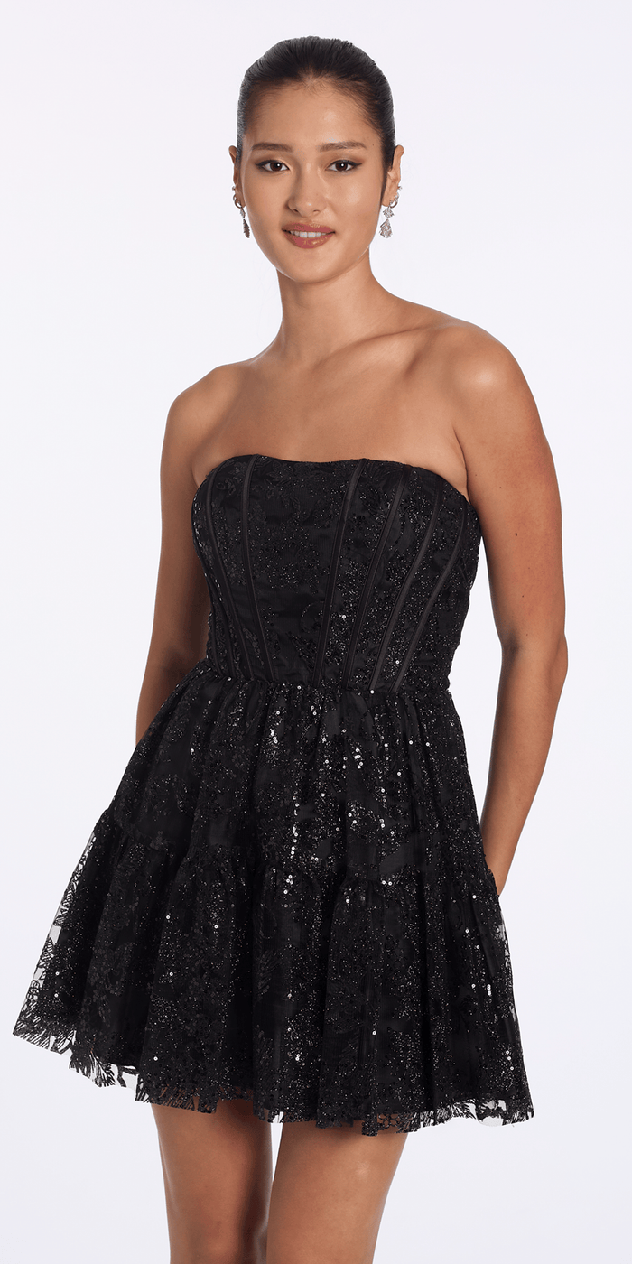 Camille La Vie Strapless Glitter Sequin Corset Fit and Flare Dress