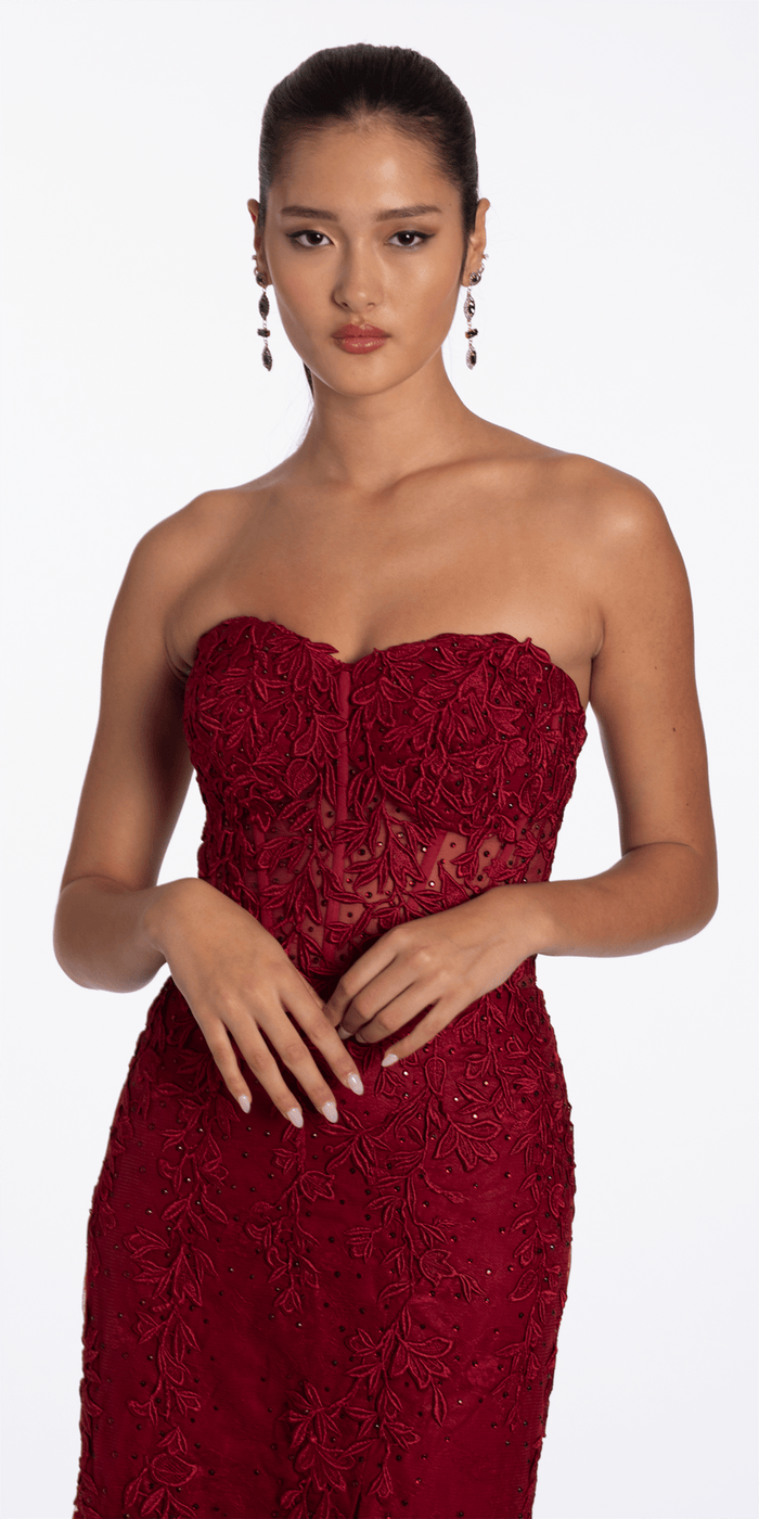 wine/size/4/missy/Camille La Vie/Strapless Mesh Applique Corset Column Dress with Side Slit/crop 2